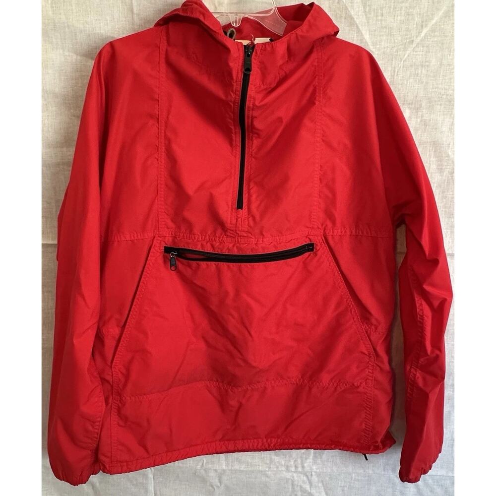 L.L.Bean Mens Medium Red Hooded Nylon Anorak Windbreaker Pullover Jacket USA